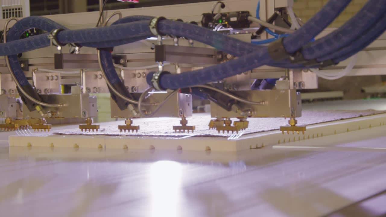Industrial robot arms assembling boxspring beds in a factory setting, with precision and efficiency, close-up