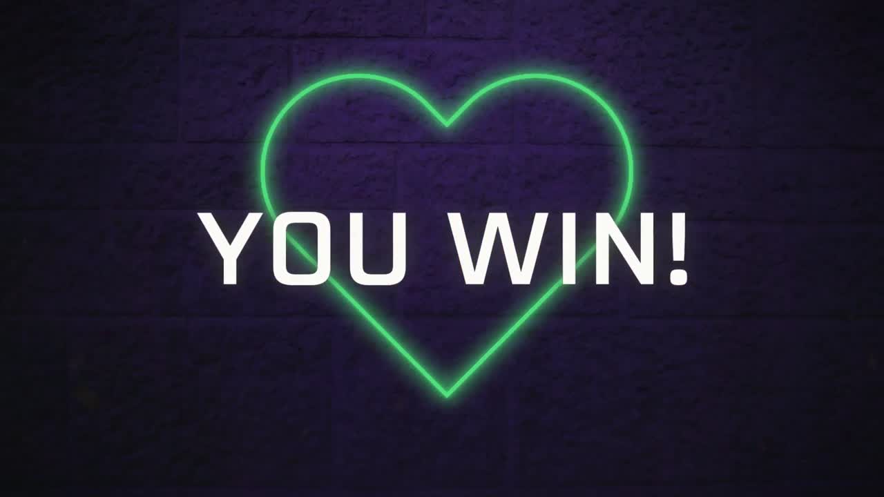 Animazione di un banner testuale "Hai vinto" su un'icona di cuore verde neon su un muro di mattoni grigi