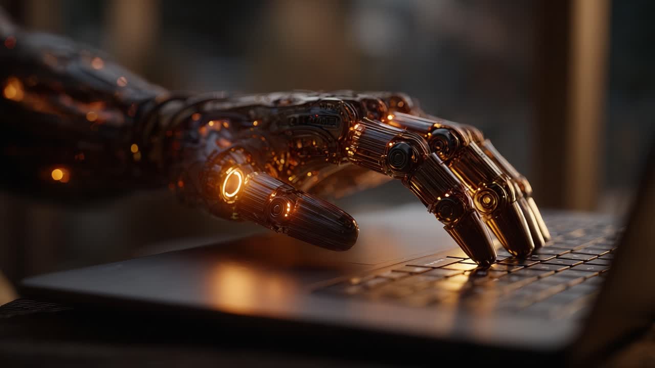 An Intricate Robotic Hand Interacting with a Laptop Keyboard, Demonstrating Advanced Human-Machine Collaboration and Cutting-Edge Technology in Action