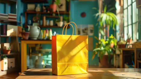 a yellow shopping bag sitting on top of a wooden table