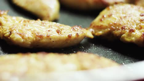saboroso filete de pollo frito en la sartén de cerca