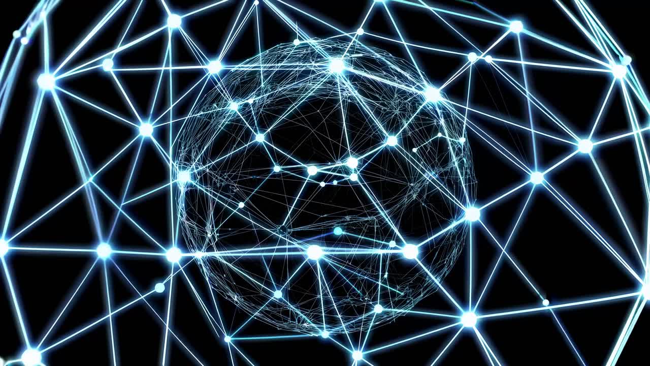 Futuristic video concept with a 3D network of glowing blue nodes and lines, viewed from a dynamic