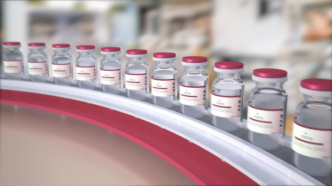 코로나바이러스 코로나19 백신의 대량 생산: 의약품 실험실에서 코로나 바이러스 백신 병을 가진 컨베이어에서 백신을 제조, 면역 및 백신을 위한 약, 루프 애니메이션