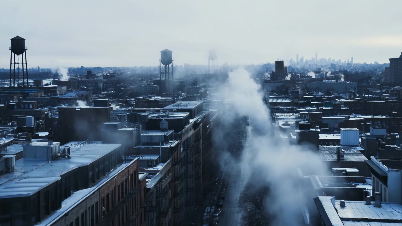 Skyline cinematografico aereo di una città industriale, vapore che sale dai tetti e dalle torri d'acqua, luce mattutina gelida.