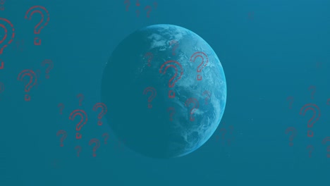 animación de signos de interrogación rojos volando sobre el globo azul sobre fondo azul