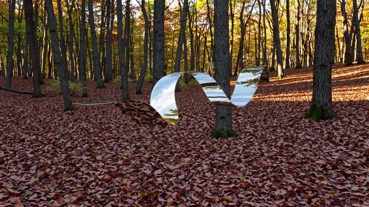 Abstract Metal Ribbon Sculpture in Autumn Forest