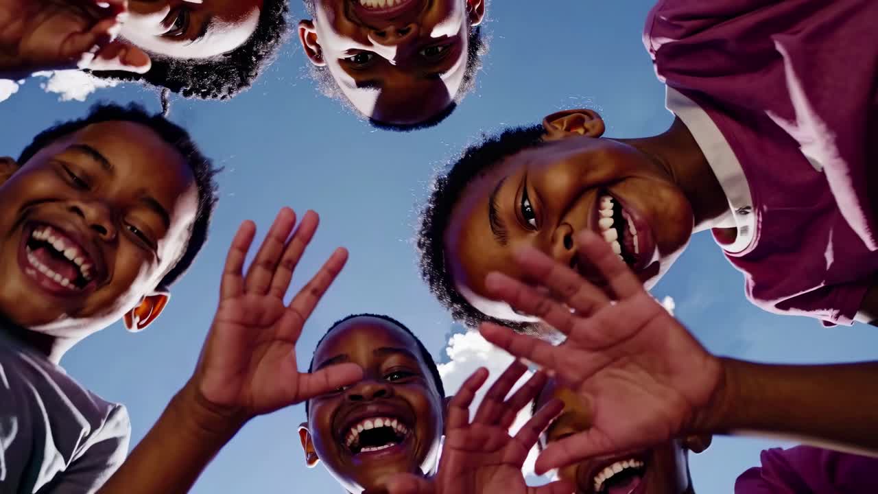 Low-angle video shot of joyful children forming a circle, smiling and waving at the camera