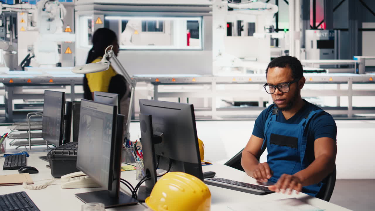 Vertical Video African american engineer manages data from solar machinery on desktop