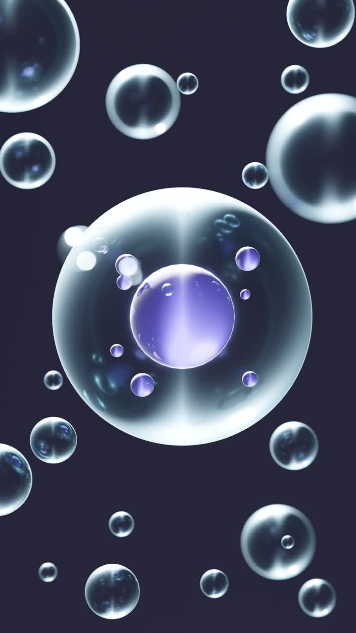 Dark background with transparent spherical bubbles and DNA strands. 3d animation