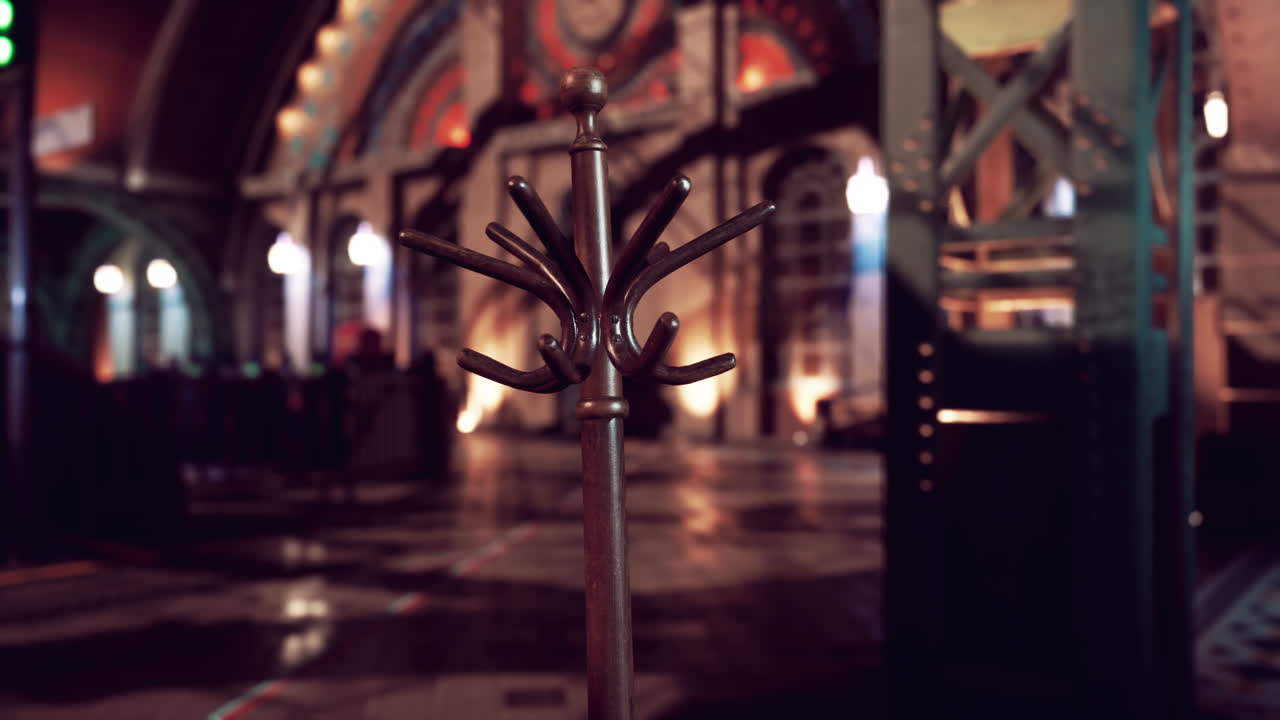 어두운 산업용 인테리어에 있는 빈티지 코트 래크