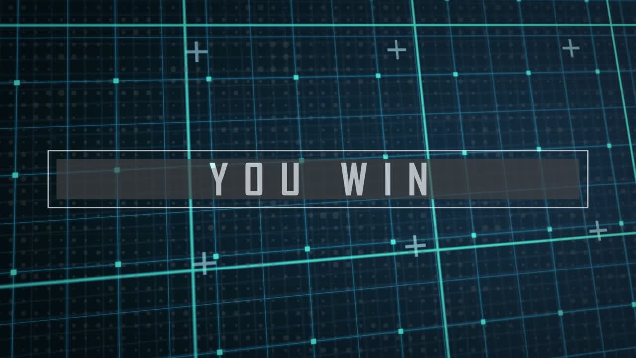 Animation of you win text in rectangle over grid pattern and plus signs against blue background