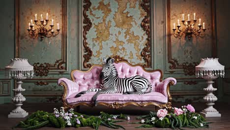 zebra on a pink sofa in an elegant room