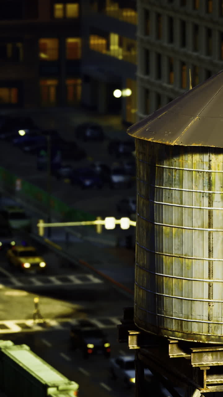 Urban water tower overlooking busy street and city buildings at sunset