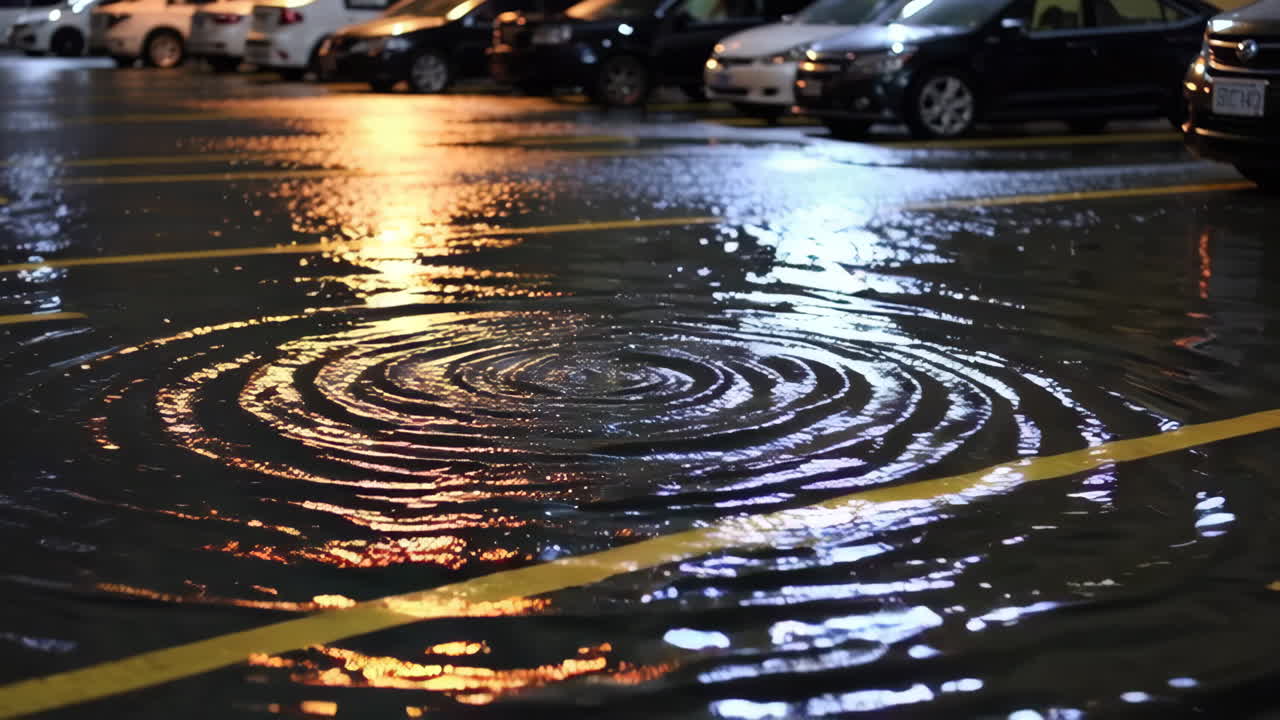 Flooded Parking Lot at Night