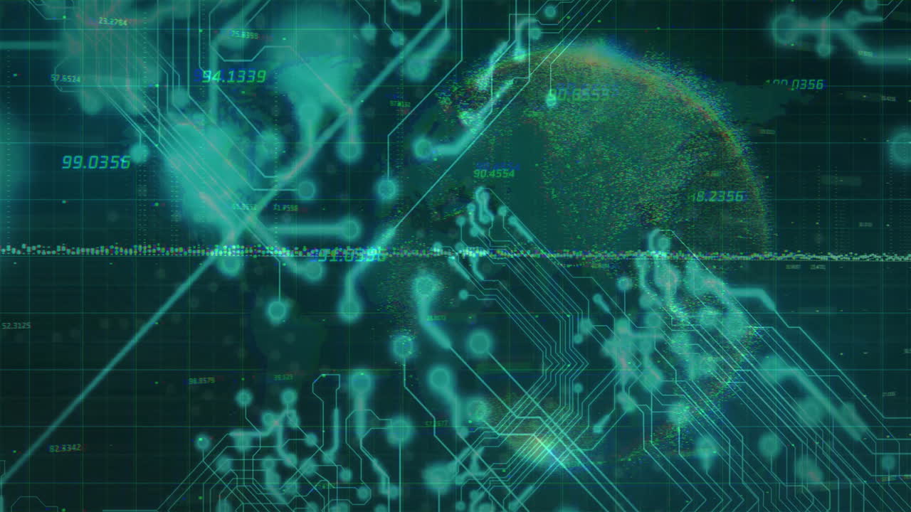 Animation of network of connections and data processing with circuit board over globe