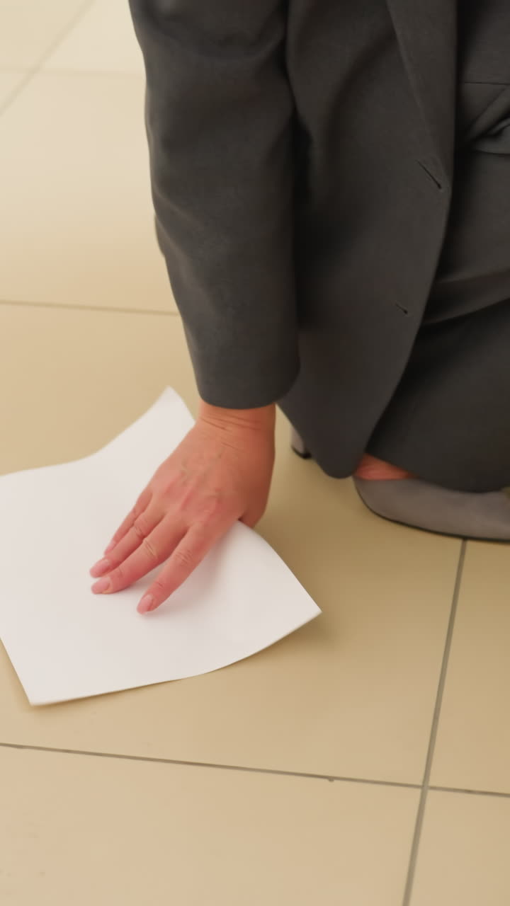Closeup of businesswoman wearing grey trousers and heels standing on tiled office floor with blank white paper sheets scattered around feet suggesting dropped documents