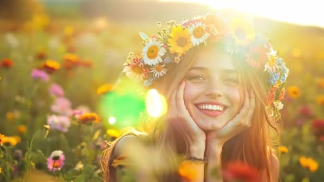 a woman with a flower crown on her head in a field of flowers