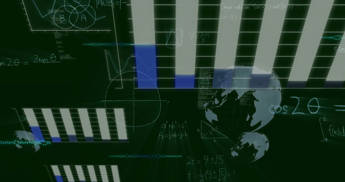 Holografisch dashboard toont zwevende staafdiagrammen, golfvormen, codeblokken, handgetekende wiskundige formules