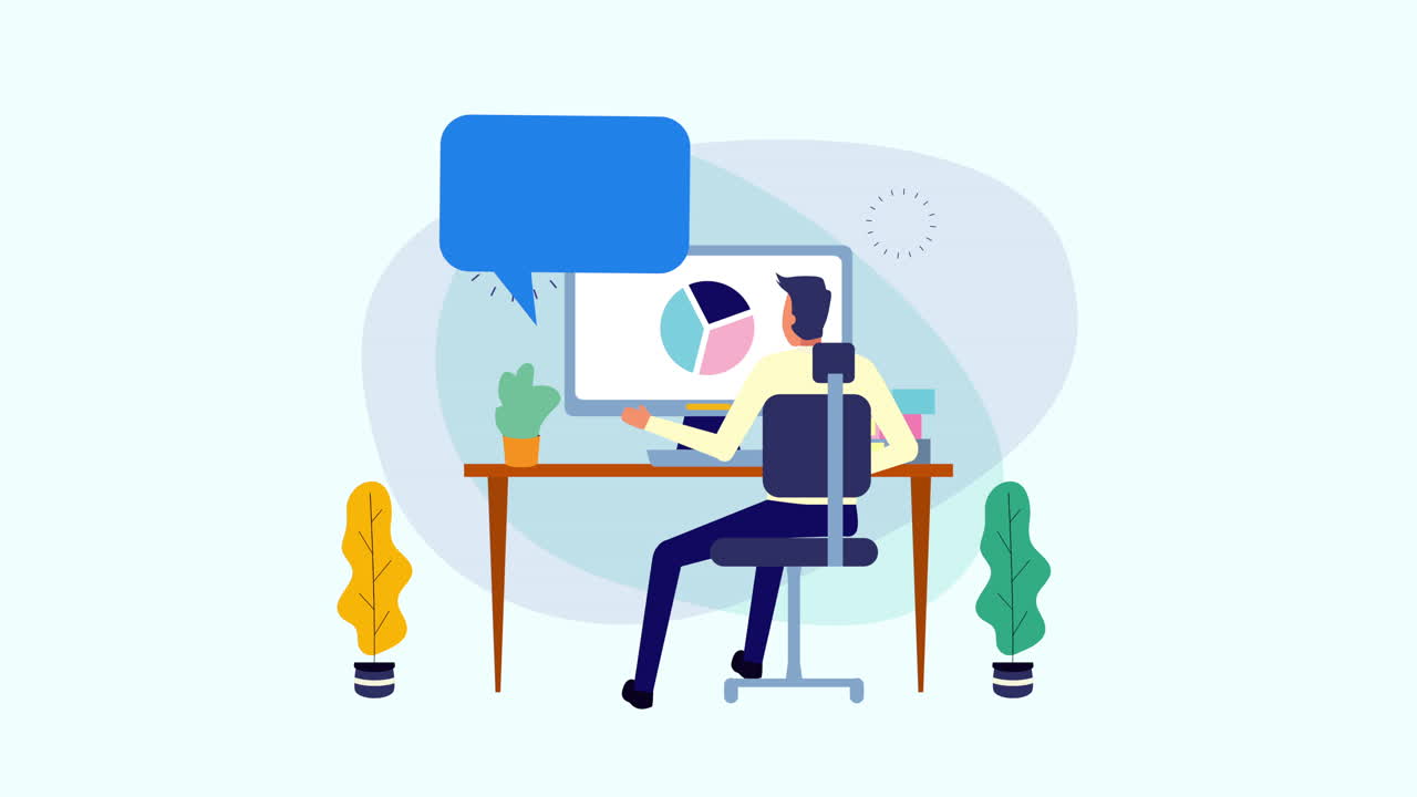 businessman using desktop in the office animation