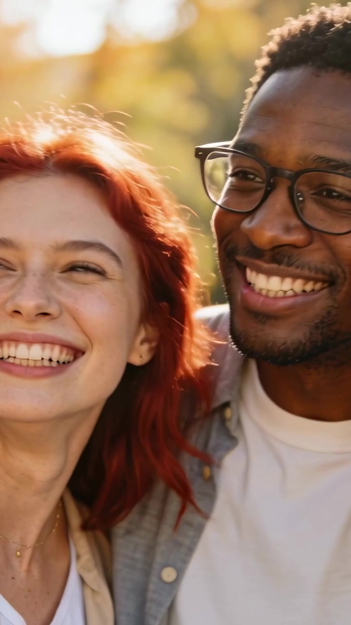 Vertical video: Laughing couple leaning in park after call, woman with red hair, man with glasses