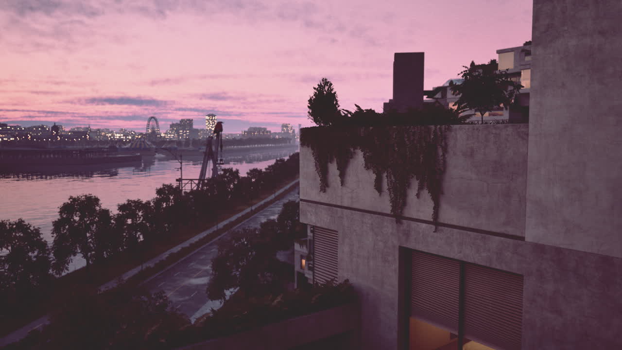 Paisaje de la ciudad al atardecer