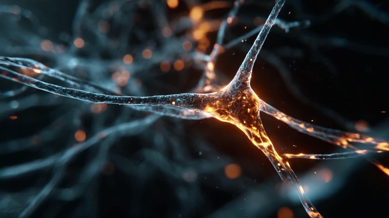 Artistic representation of a nerve cell firing and sending electrical impulses through the brain's neural network, a concept in neuroscience showing communication between axon and synapse