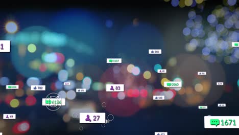 Animation-of-social-media-icons-floating-against-blurred-view-of-night-city-traffic
