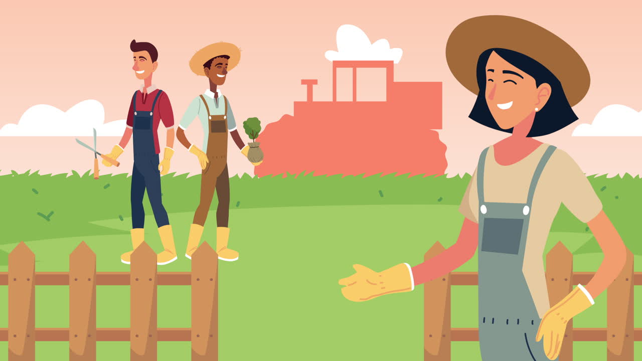 정원에서 일 하는 행복 한 농부 들