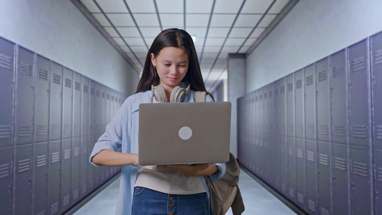 estudiante adolescente asiática con una mochila sonriendo y escribiendo en una computadora portátil mientras está de pie en el corredor