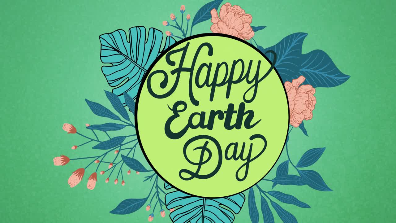 녹색 배경의 꽃 위에 행복한 지구의 날 텍스트 로고의 애니메이션의 애니메이션