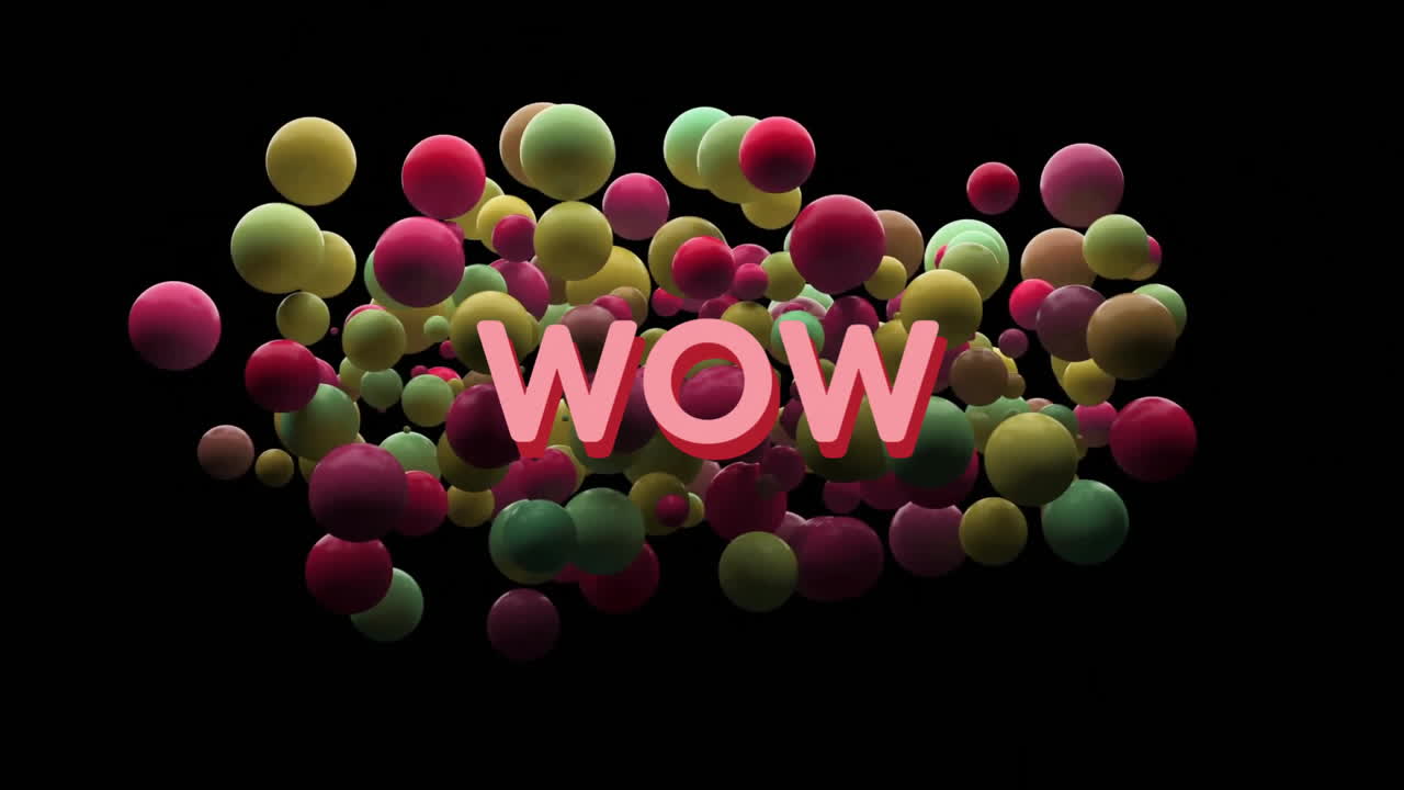 Wow text animation over colorful floating spheres on black background