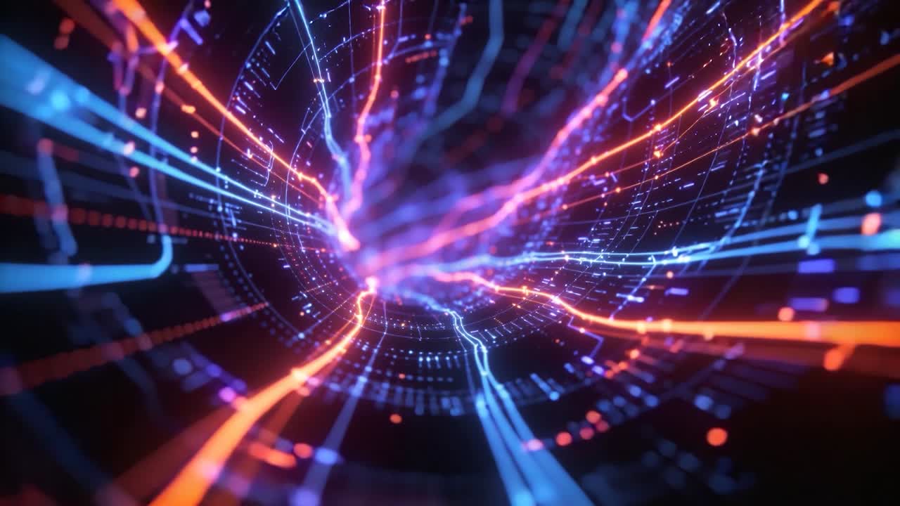 Camera motion driving neon tunnel shifting and pulsing into violet core in cyberspace with nodes
