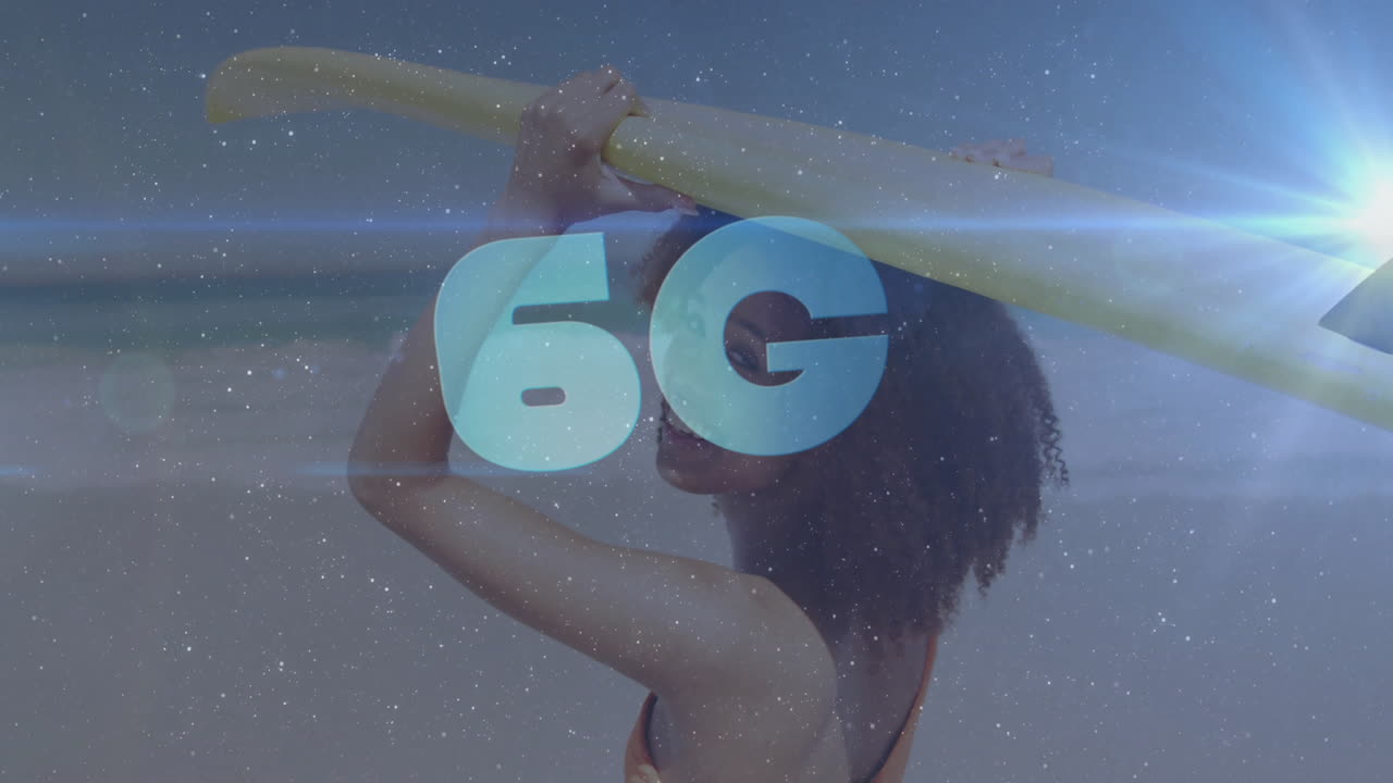 Holding surfboard at beach, person with 6G text animation overlay