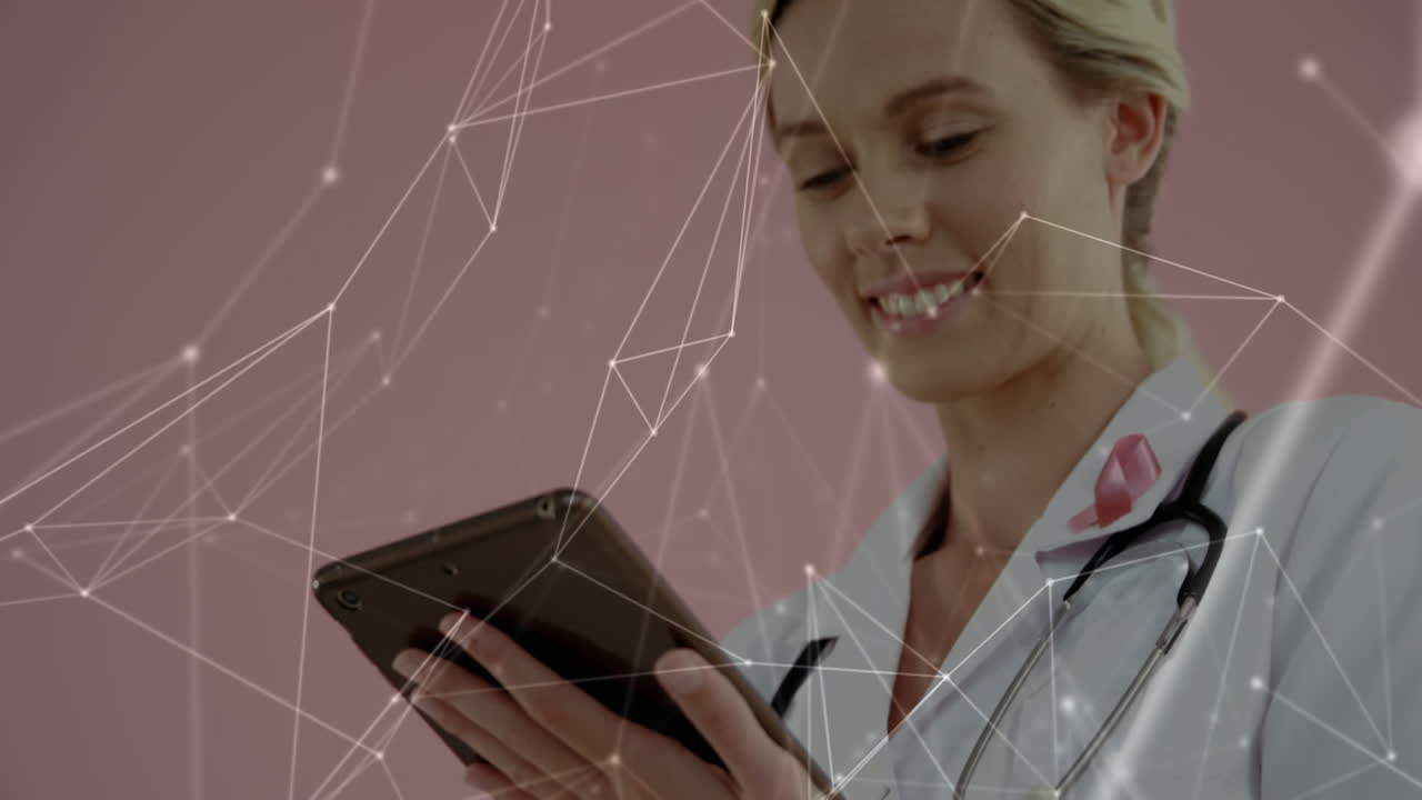 doctora con tableta simboliza la investigación médica y la creación de redes globales en fondo rosa.