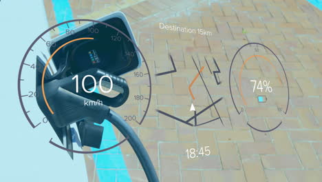 animación del velocímetro, el gps y los datos del estado de carga en la interfaz, sobre el coche eléctrico de carga