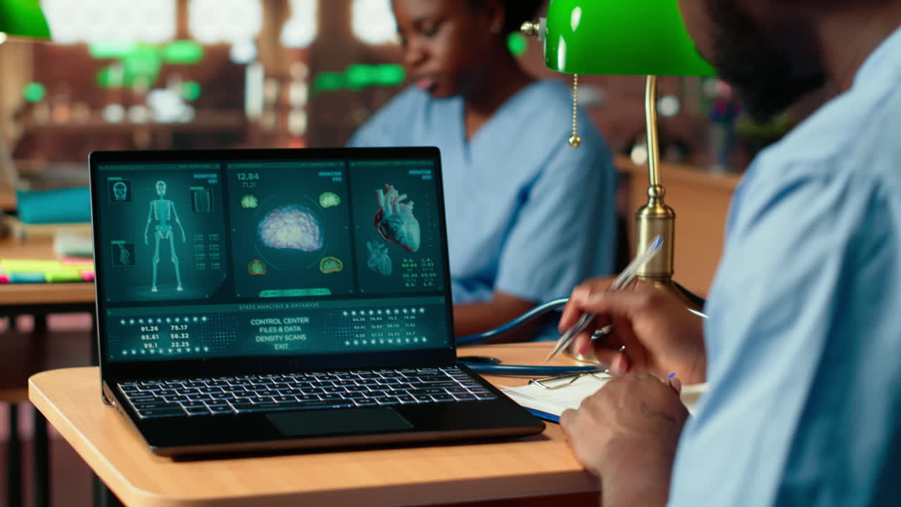Black med school scholar studying and taking notes using online information