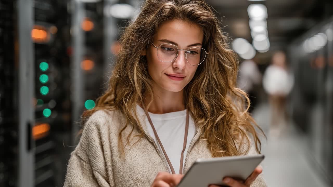 A Focused Individual Engaging with a Tablet in a Modern Server Room, Surrounded by Digital Technology and Data Infrastructure - A Glimpse into the Future of Tech Interaction