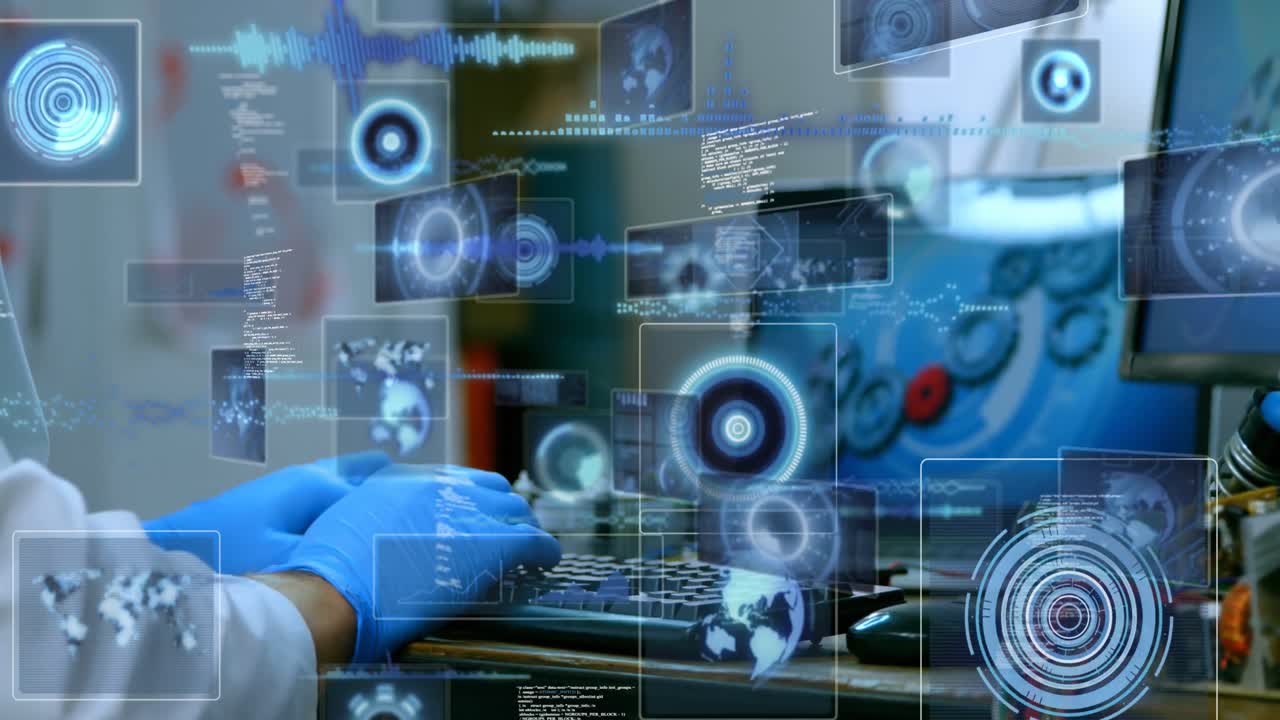 animación del procesamiento de datos con escaneo de alcance sobre el científico caucásico en el laboratorio