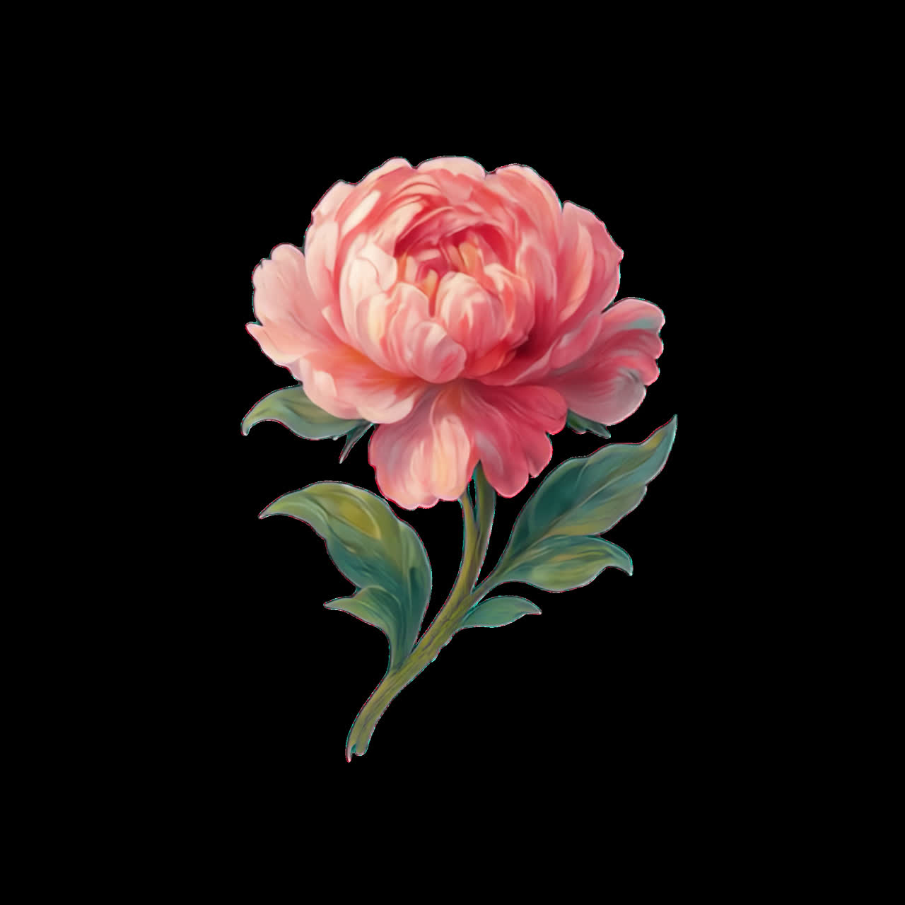Elegant pink peony animation isolated asset, transparent 4K video, alpha channel, ProRes 4444