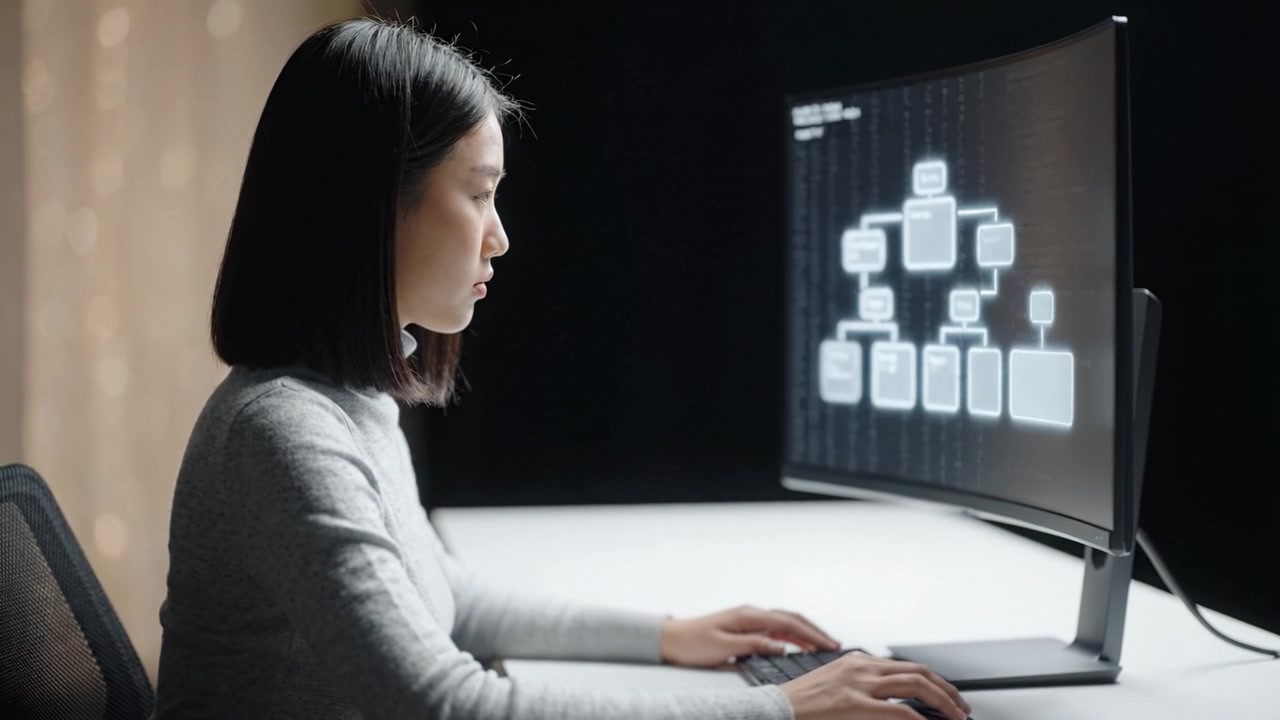 Focused on Analysis: A Woman Engaged in Data Processing on a Curved Monitor, Illustrating Modern Technology and Workflows in a Professional Environment