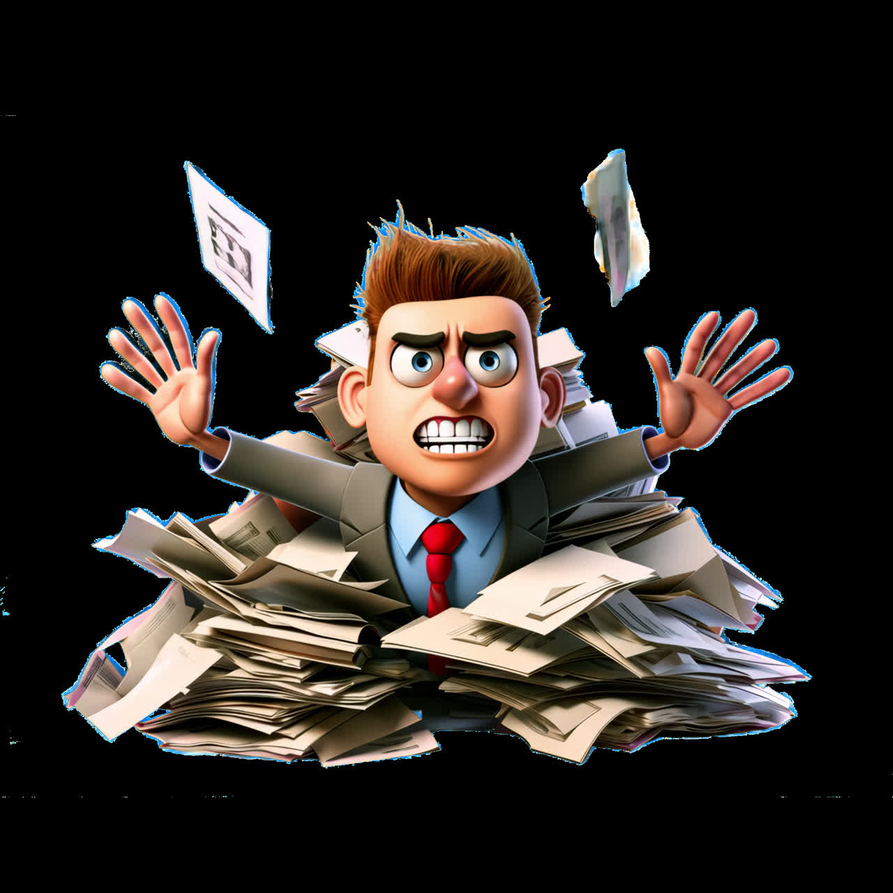 Overwhelmed cartoon businessman buried papers animation isolated asset, transparent 4K video, alpha