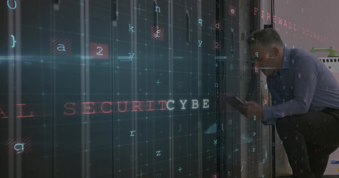Animation of cybercrime and caucasian man checking servers