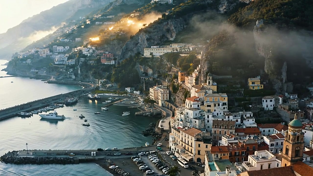 Avvio del movimento del drone che rivela una città costiera e un porto al mattino, per mostrare nebbia e barche.