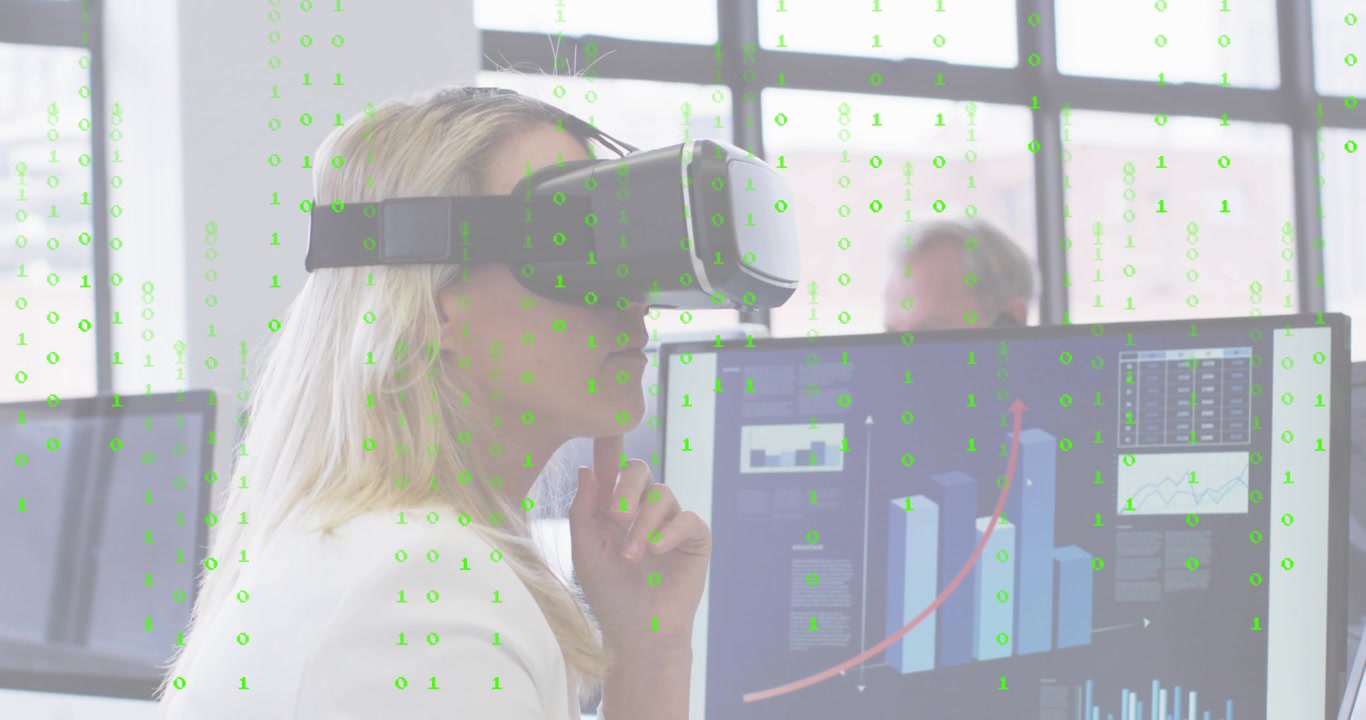 Profesionálka si upravuje VR headset a skenuje datové sloupcové grafy s proudícími červenými trendovými čárami.