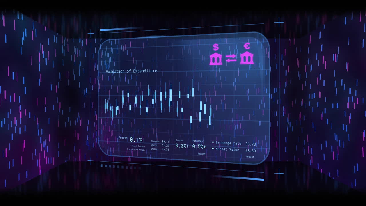 Animation of financial data processing over colourful lines on black background