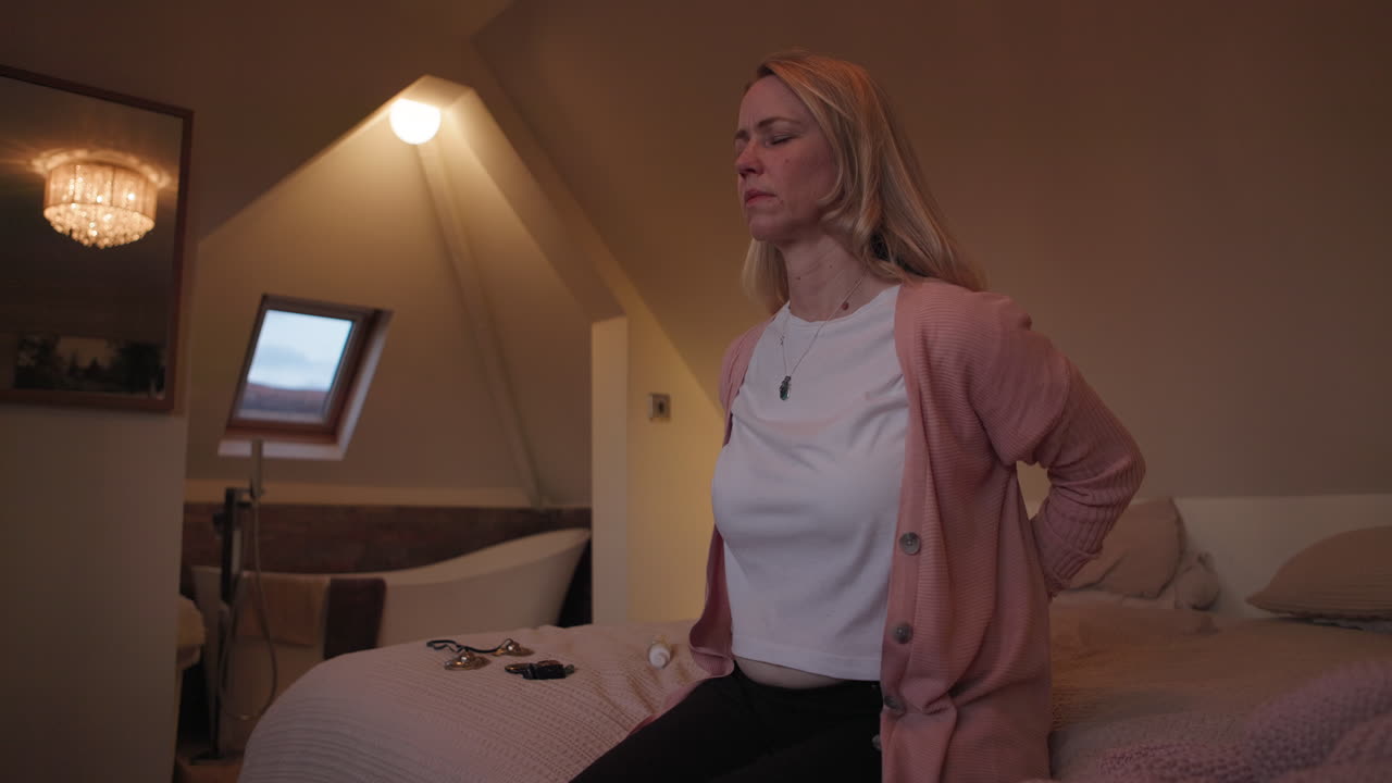 Woman Experiencing Back Pain in Bedroom