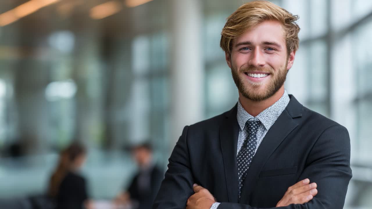 Un giovane professionista sicuro di sé in abbigliamento formale: catturare la trasformazione di un uomo sorridente e carismatico in un leader composto in un ambiente aziendale