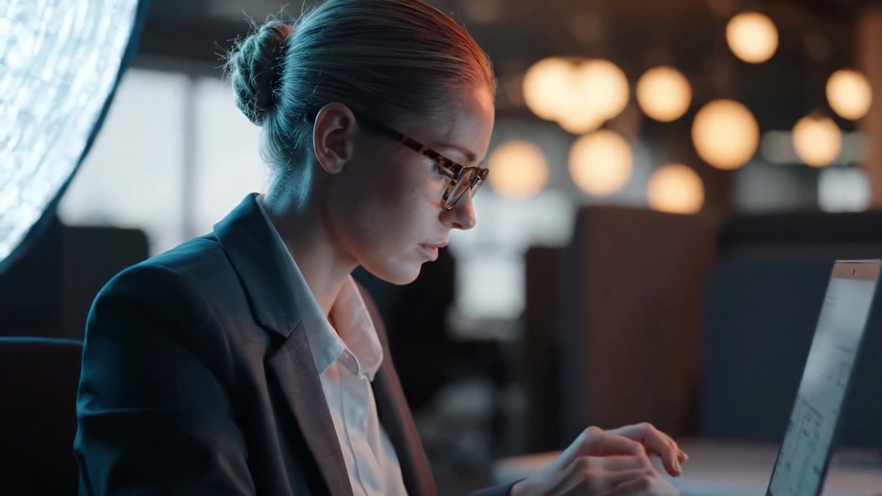 Focused professional woman in formal attire working late at night, illuminated by soft ambient lighting, deeply engaged with her laptop in a modern workspace.