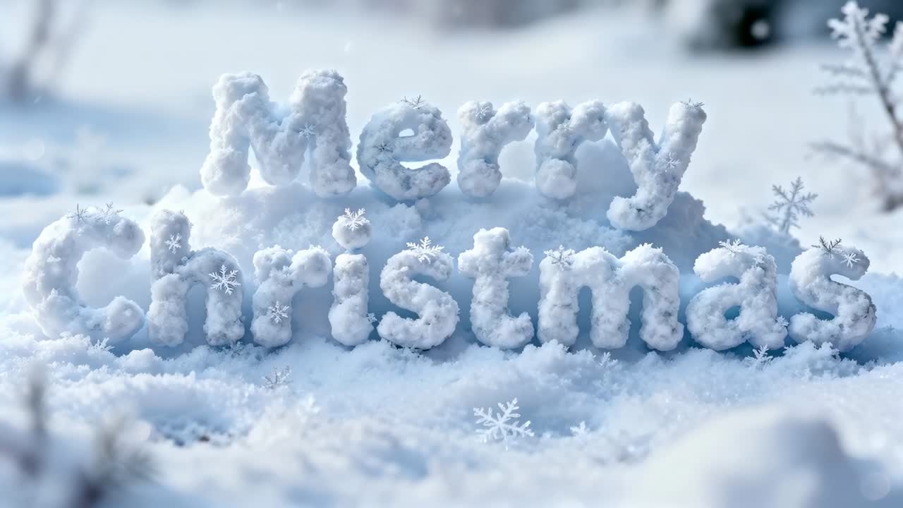 Pushing low camera revealing Merry Christmas snow letters on mound, showing sparkling snow crystals