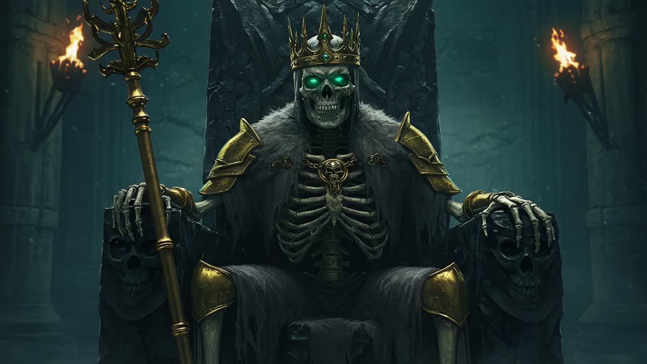 A Dark and Majestic Undead Monarch Sits on His Throne, Enveloped in Mystery with Glowing Green Eyes, Exuding Power and Authority in a Grim Fantasy Realm